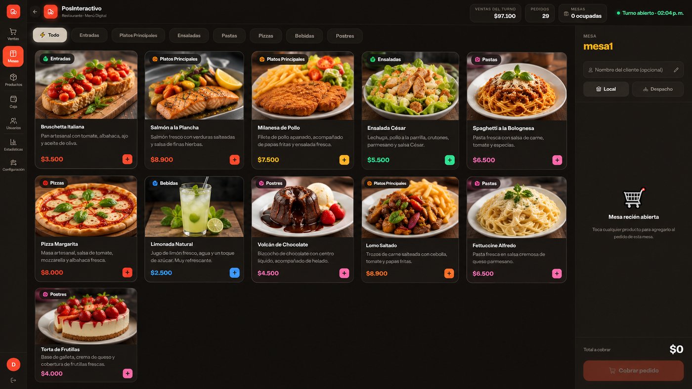 Pantalla de Mesas de PosInteractivo con carta de restaurante y una mesa recién abierta
