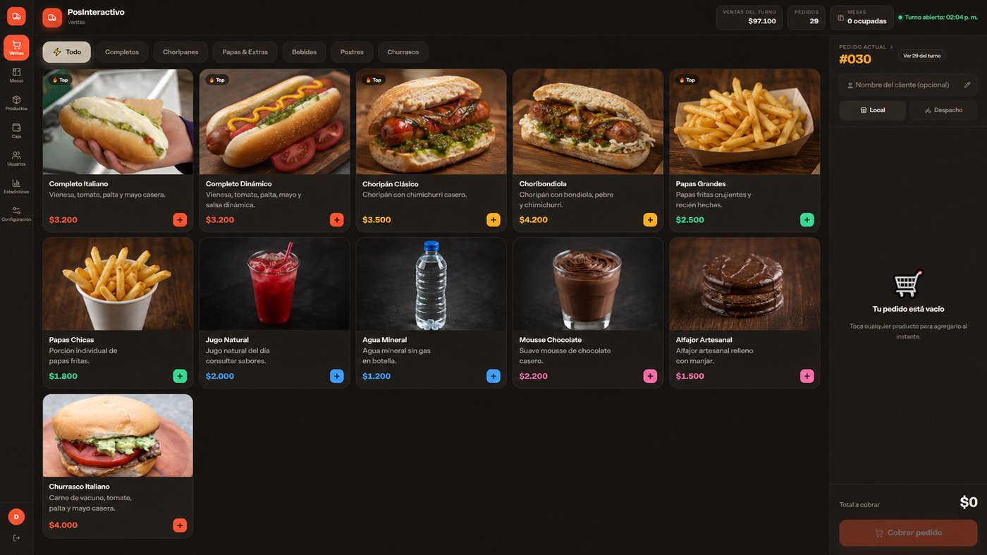 Pantalla de Ventas de PosInteractivo con un menú de completos, choripanes y bebidas