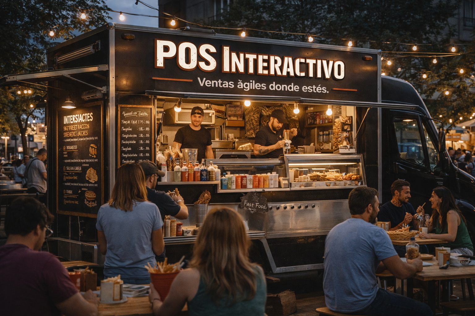 Food truck con mesas al aire libre y clientes comiendo