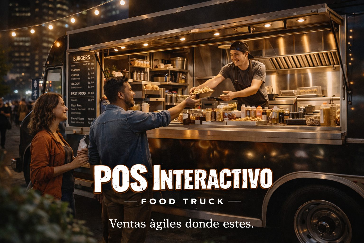 Food truck de noche atendiendo clientes en la calle